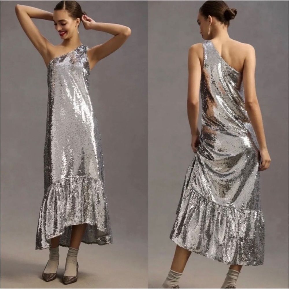 Maeve Silver Sequin One-Shoulder Dress from Anthropologie NWT size XS